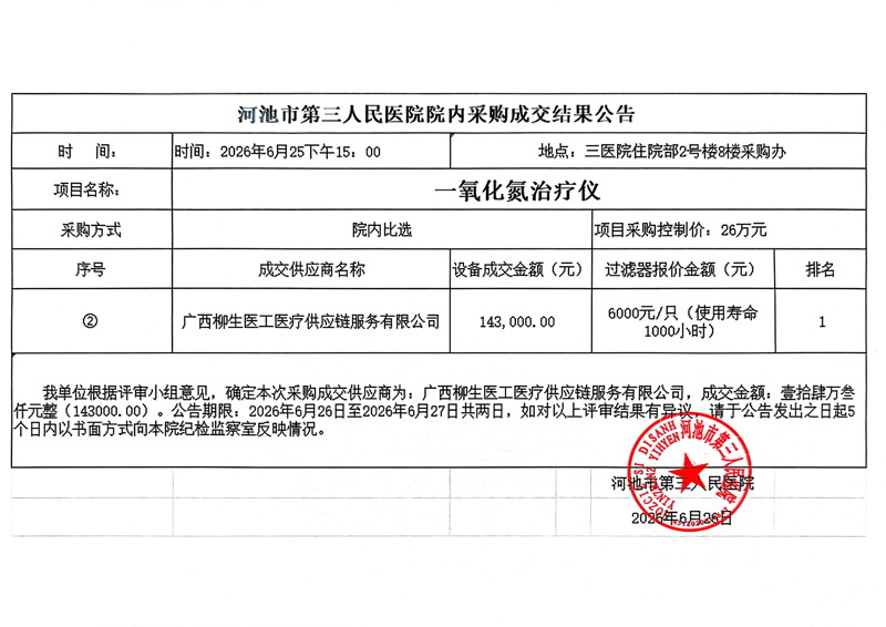 河池市第三人民医院一氧化氮治疗仪院内采购成交结果公告